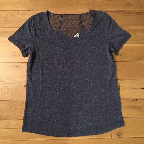 Independence Blue Heathered Linen Blend Diamond Lace Back Tee - Picture 8 of 12
